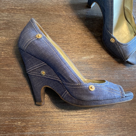 Miu Miu by Prada Denim Peeptoe Wedge Shoes - Picture 3 of 6